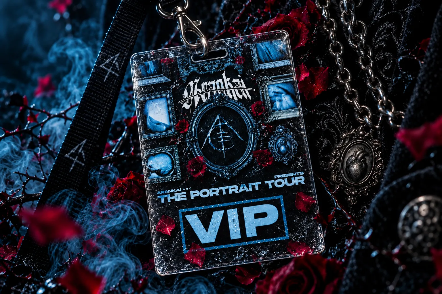 ARANKAI Portrait Tour VIP laminate among red roses, blue smoke, and silver chains